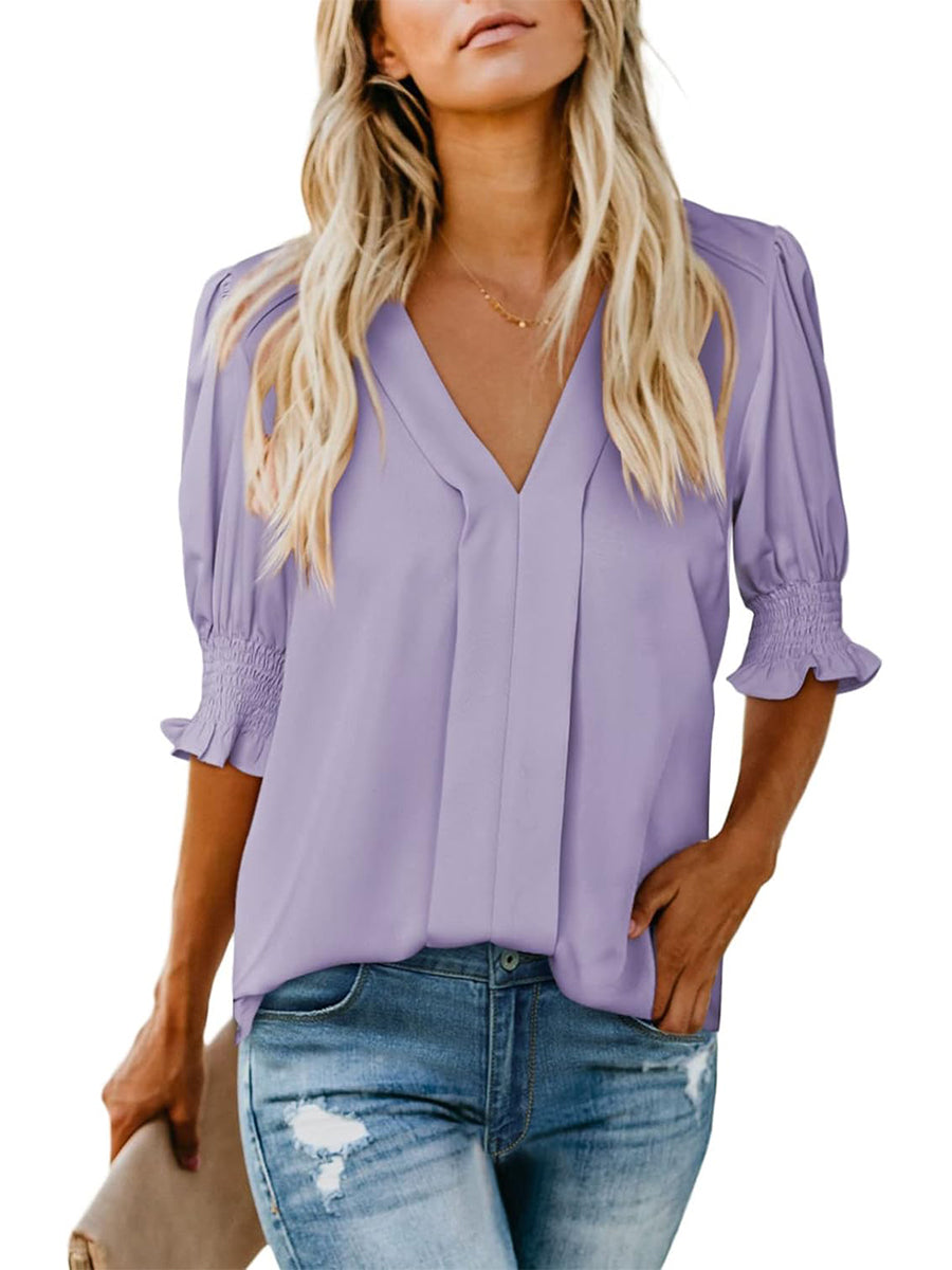 Casual V Neck Puff Sleeve Shirts