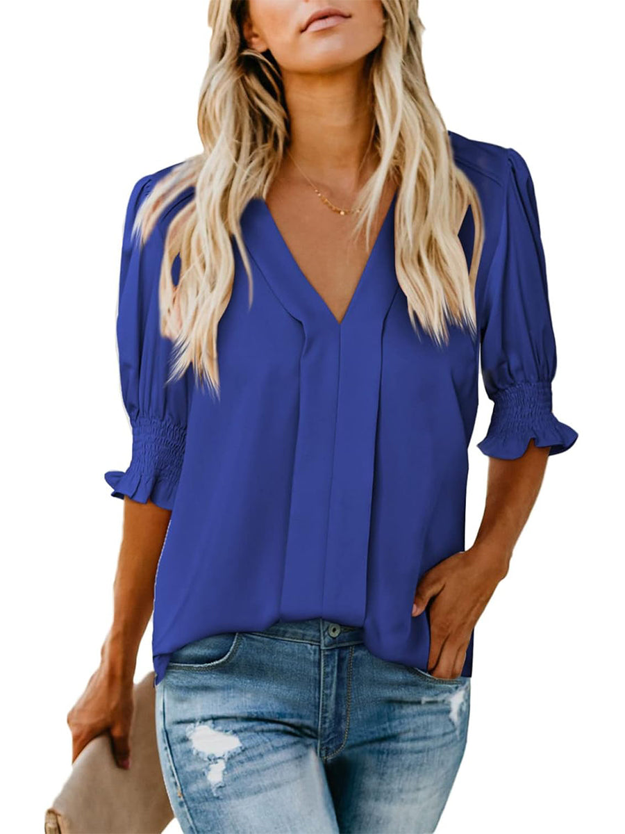 Casual V Neck Puff Sleeve Shirts