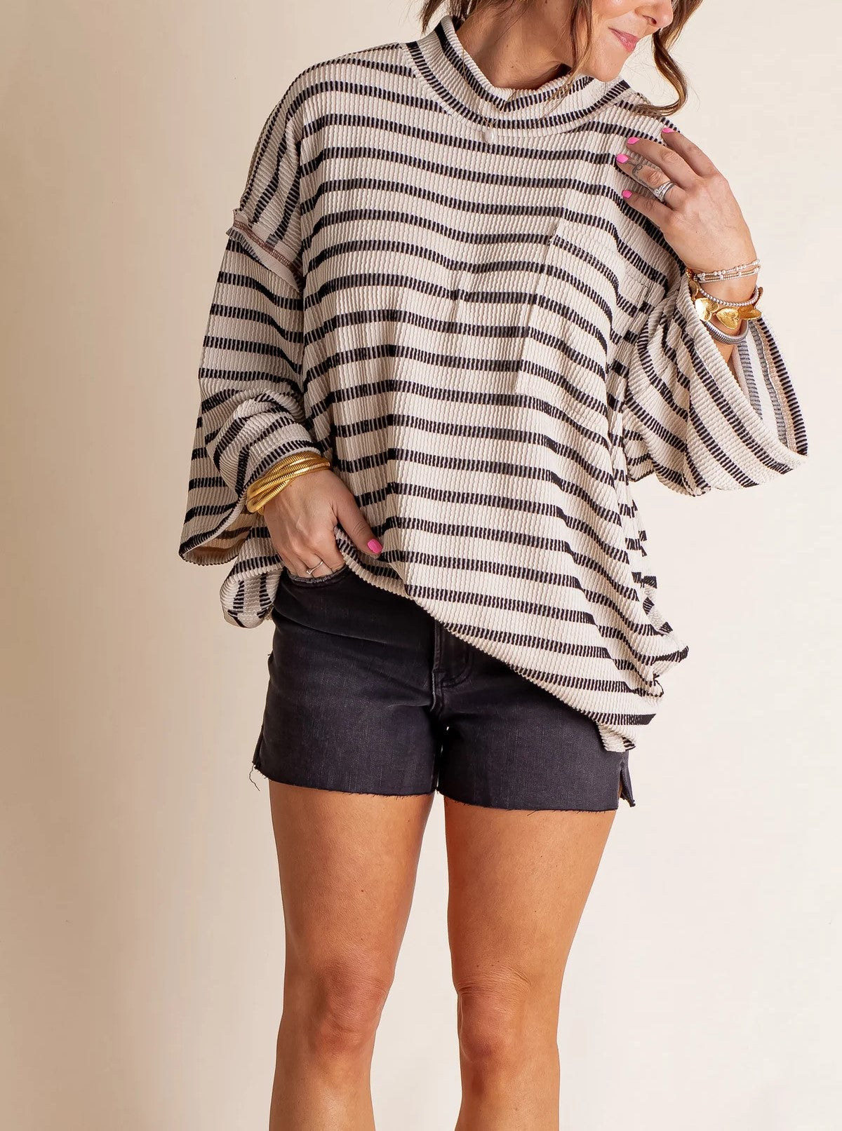 Oversized High Neck Urban Ribbed Striped Top